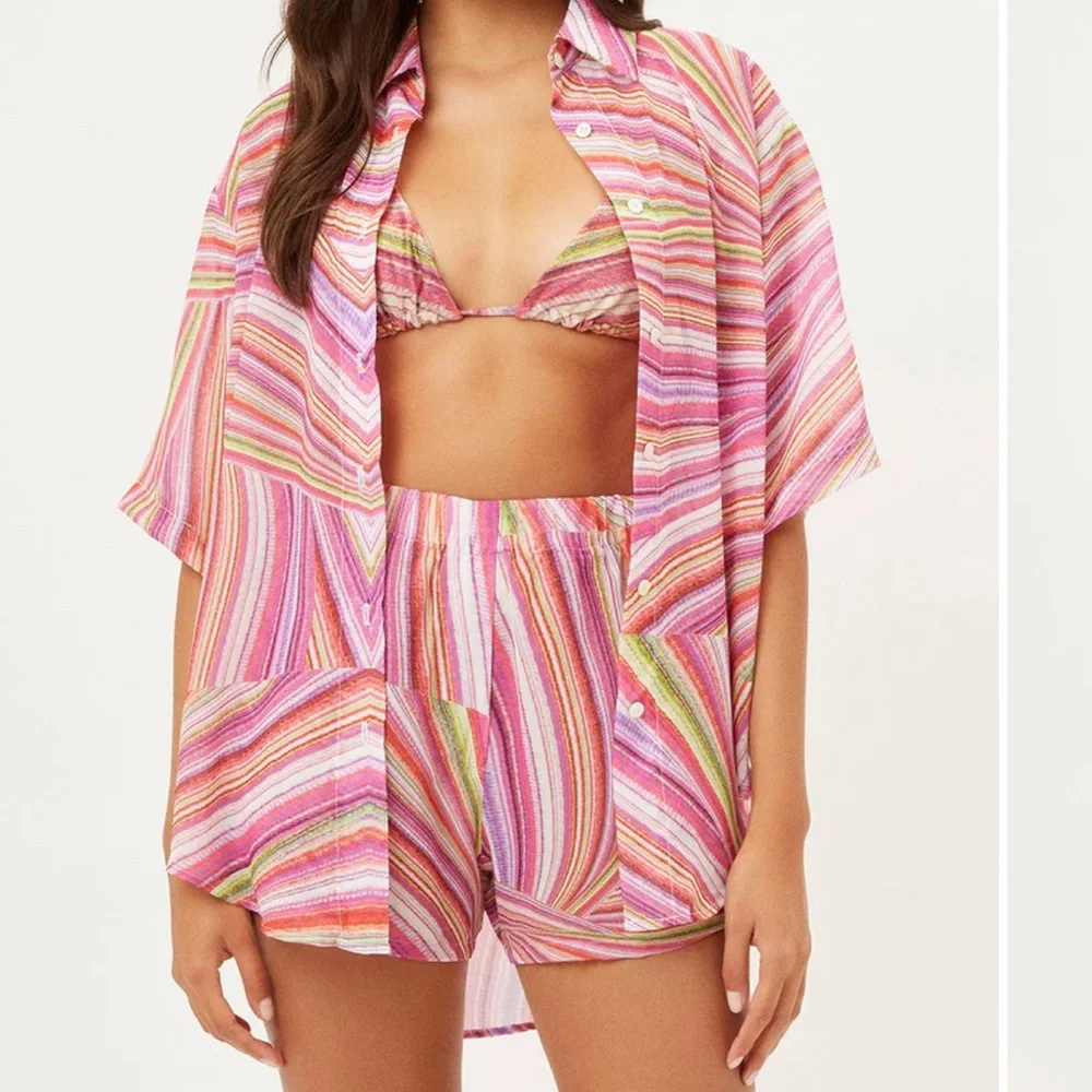 NWT Frankie’s Bikinis Fifi Medium (M) Cover Up/ Button Down Striped Pink Green